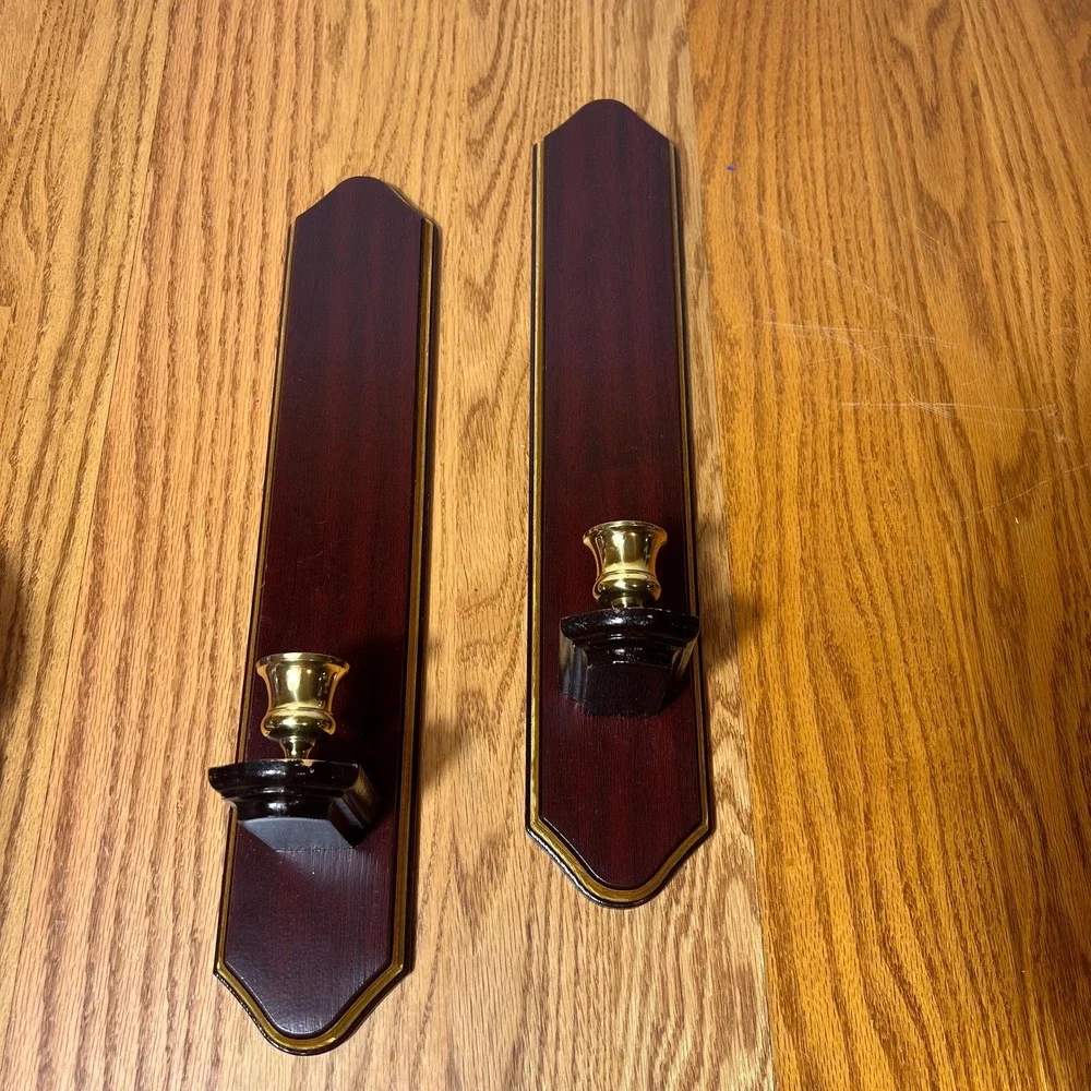 Vintage Pair Wood & Brass Wall Candle Sconces Federal Colonial Traditional Decor
